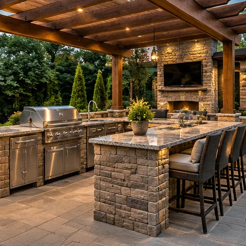Illustrative outdoor stone kitchen and lounge