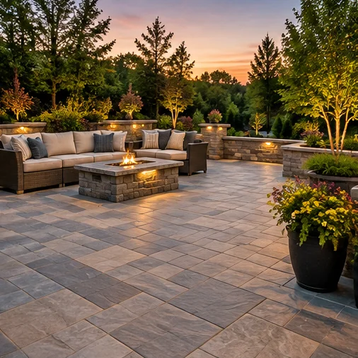 Illustrative stone patio with fire pit