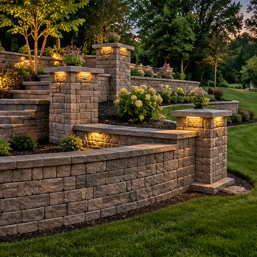 Illustrative illuminated stone retaining walls